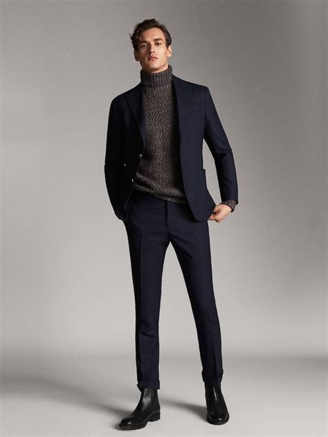 Slim Fit Navy Wool And Flannel Trousers Men Massimo Dutti Mens