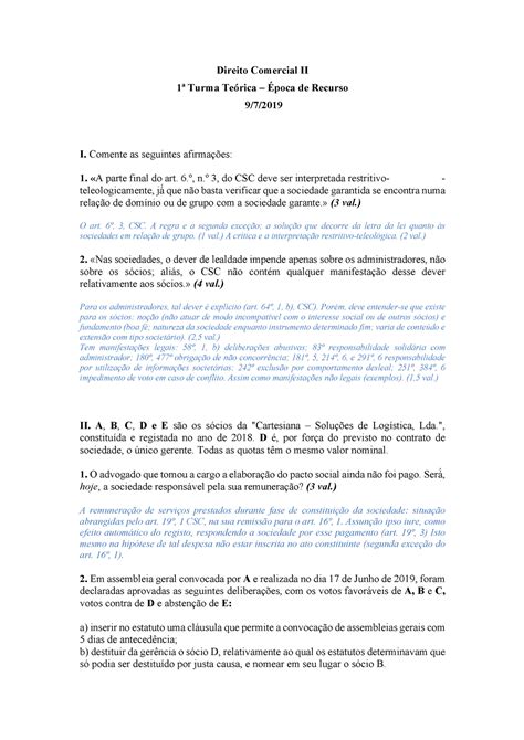 Exame DCII 09072019 critérios19 Direito Comercial II 1ª Turma Teórica