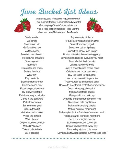 The June Bucket List Is Shown With Strawberries On It And Words In Blue