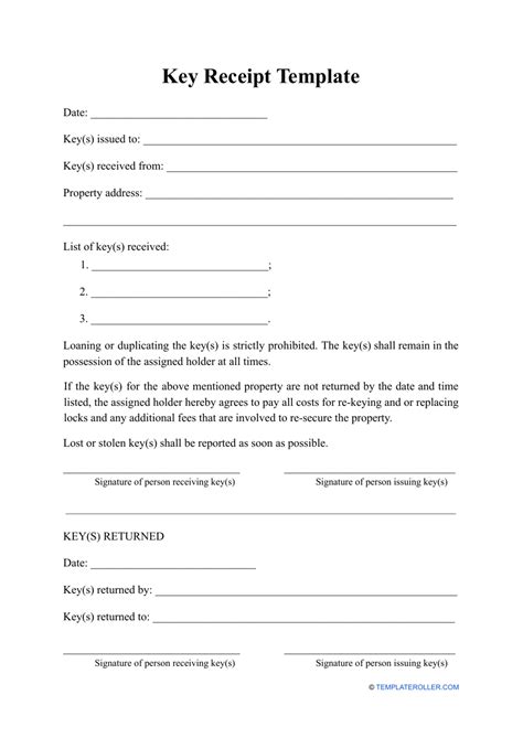 Printable Key Receipt Acknowledgement Form Printable Templates