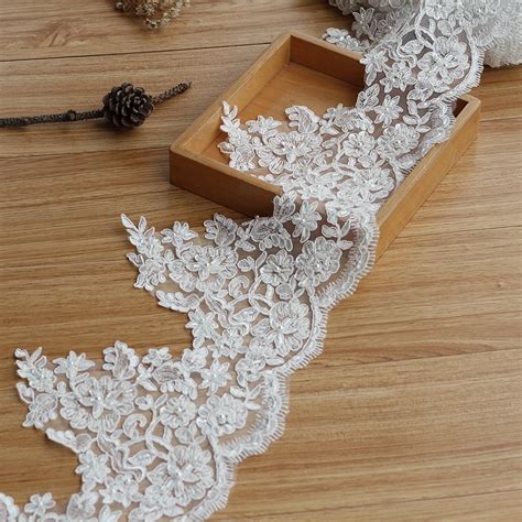 Ivory Alencon Lace Trim High Quality Hand Made Beaded Sequined Wedding