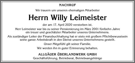 Traueranzeigen Von Willy Leimeister Allg Uer Zeitung