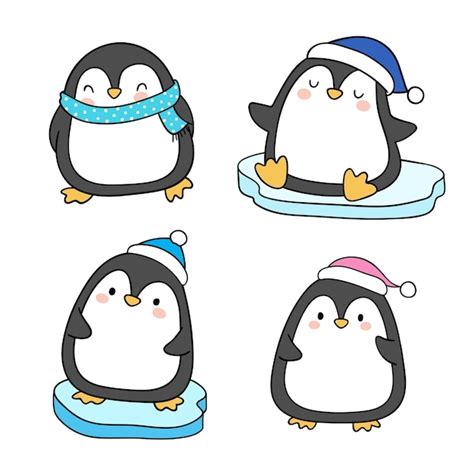 Premium Vector | Draw vector illustration collection funny penguin ...