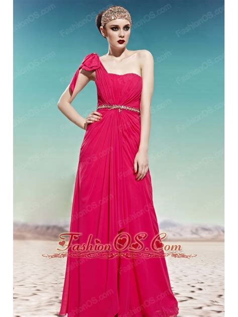 Hot Pink Empire One Shoulder Floor Length Chiffon Ruch Prom Dress