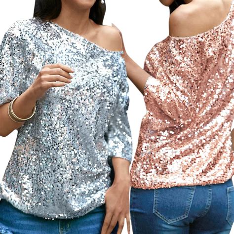 Sexy Women Loose Off Shoulder Sequin Glitter T Shirt Summer Casual Shirts Vintage Streetwear