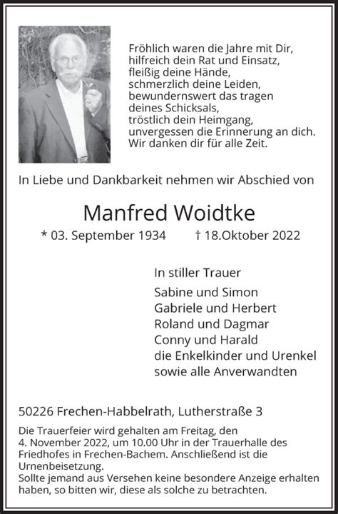 Traueranzeigen Von Manfred Woidtke WirTrauern