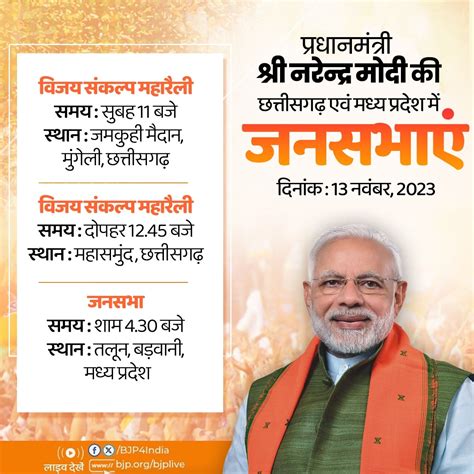 प्रधानमंत्री श्री नरेन्द्र मोदी की 13 नवंबर 2023 को छत्तीसगढ़ एवं मध्य प्रदेश में जनसभाएं