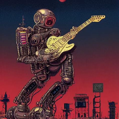 Illustration Of A Robot Playing Guitar In A Ruined Stable Diffusion