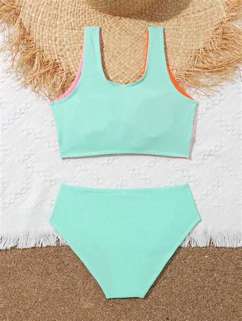 Bikini De Dos Piezas Para Niña Con Diseño De Bloque De Colores Y