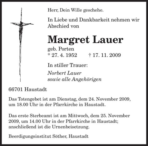 Traueranzeigen Von Margret Lauer Saarbruecker Zeitung Trauer De