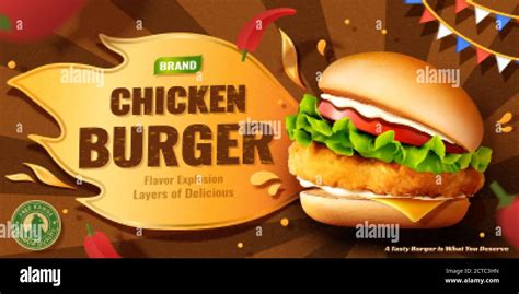 Spicy Chicken Burger Ad Banner In 3d Illustration Over Party Background