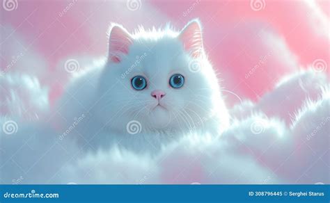 Um Gato Branco Olhos Azuis Sentado Em Uma Nuvem Fofa Ilustra O