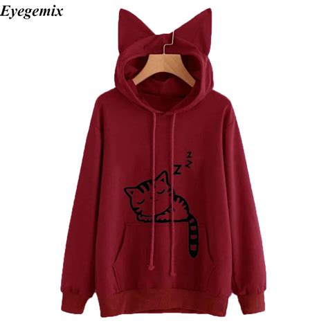 2018 Kawaii Cat Ear Hoodies Women Cute Cartoon Sleeping Cat Print