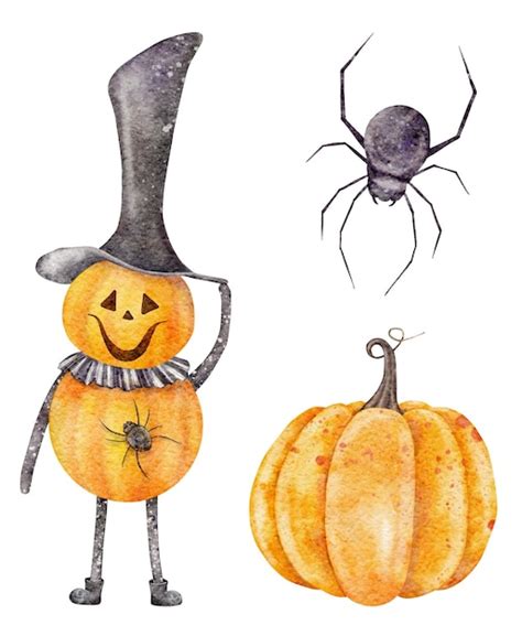 Premium Photo Halloween Horror Elements Watercolor Jack Pumpkinhead Orange Pumpkin Spider