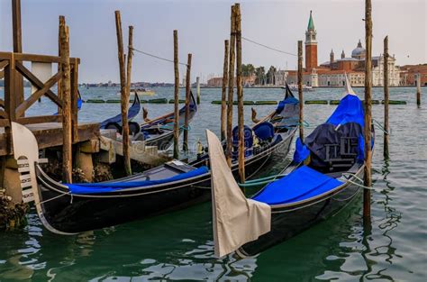 Gondolas Along Grand Canal At St Marco Square With San Giorgio M Stock