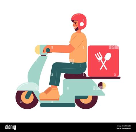 Driver Riding Fast Food Delivery Electric Moped Semi Flat Colorful