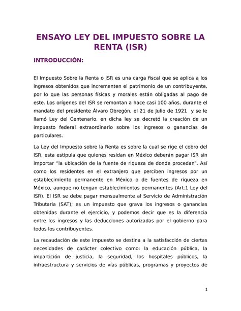 Ensayo Sobre La Ley Del Impuesto Sobre La Renta Ensayo Ley Del