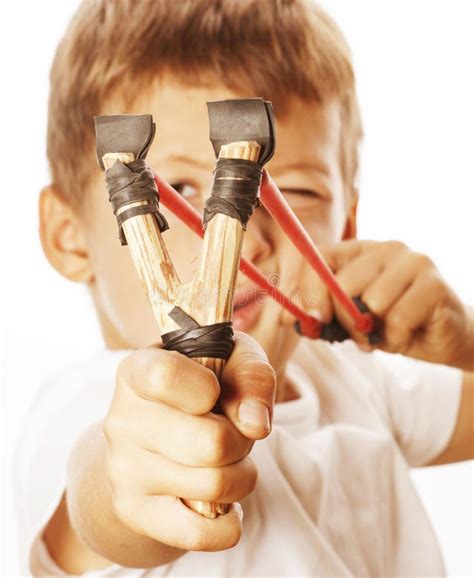 Little Cute Angry Real Boy With Slingshot Isolated Stock Image Image