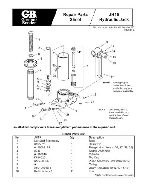 Repair Parts Sheet JH15 Hydraulic Jack - Gardner Bender