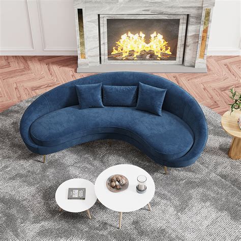 Modern Blue Velvet Curved Seater Sofa Gold Legs Toss Pillow