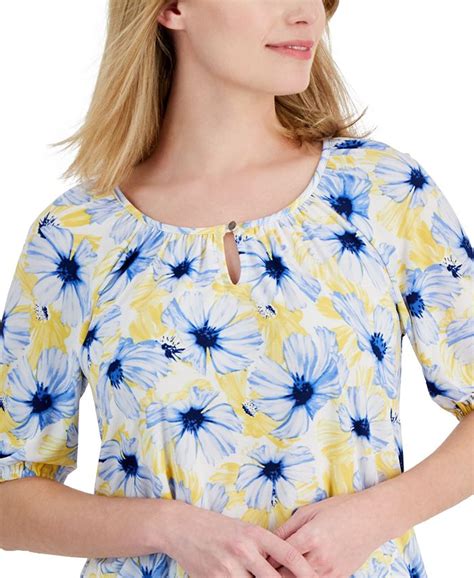 Ak Anne Klein Petite Floral Print Scoop Neck Elbow Sleeve Top Macys