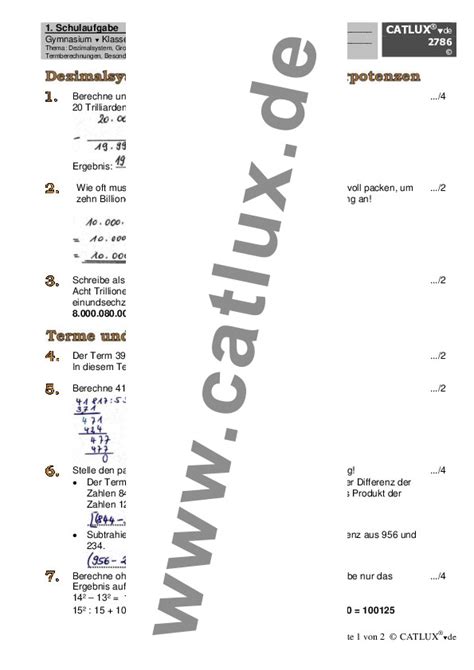 Schulaufgaben Mathematik Klasse 5 Gymnasium Catlux