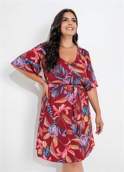 Vestido Floral Bordô Com Amarração Plus Size Marguerite