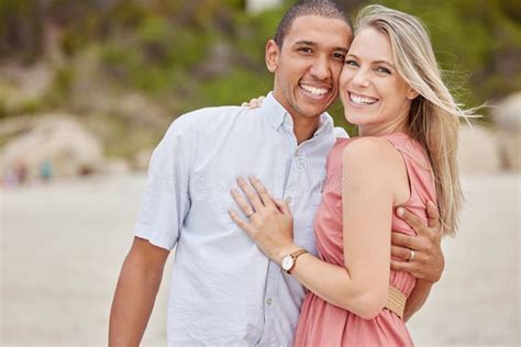 Love Smile And Couple Outdoor Portrait At The Beach For The Holiday