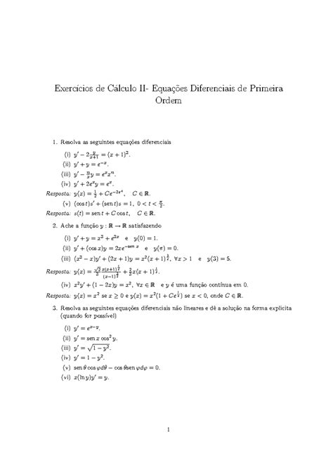 Lista 1 De Exercícios Cálculo Ii Exerc ́ıcios De C ́alculo Ii Equa