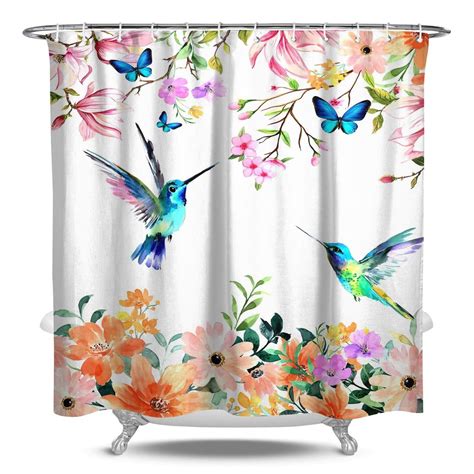 Watercolor Flower Hummingbird Shower Curtain For Bathroom Set Modern