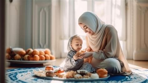 Premium Ai Image A Muslim Mother And Daughter Are Eating With Some Sweets