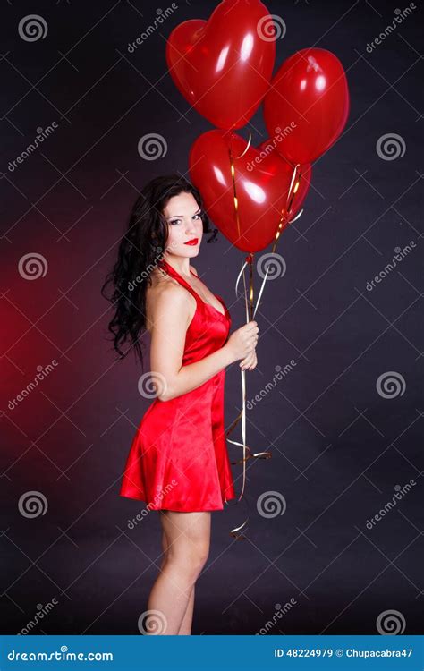 Brunette With Balloons Heart Stock Image Image Of Makeup Black