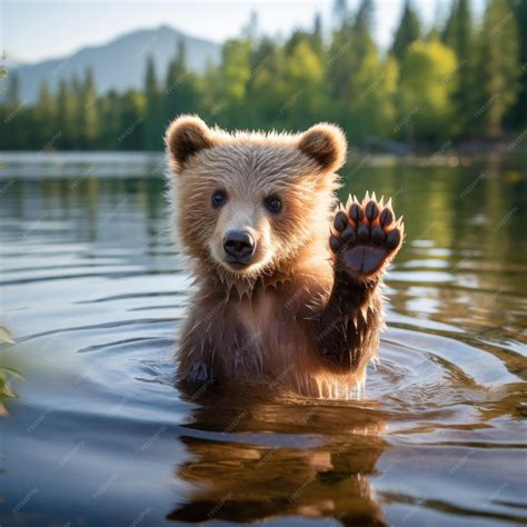 Premium Ai Image Waving Bear Cub A Magical Encounter