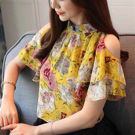 Women Print Chiffon Blouses Tops Feminine Stand Collar Short Sleeve