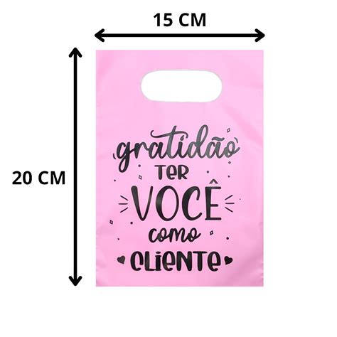 Sacola Plástica 15x20 Pct 50 unidades Frase Gratidão Rosa