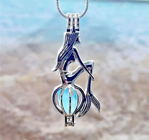 Silver Plated Mermaid W Deep Aqua Sea Glass Cage Locket Necklace 18 Jewelry Ebay