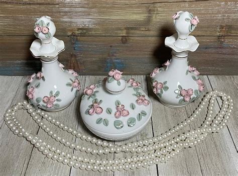 Vintage 3 Piece Lefton China Elegant Hand Painted Vanity Dresser Set