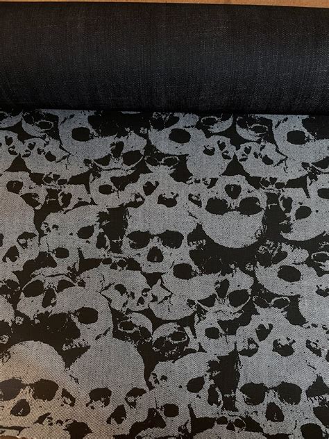 Skull Denim Fabric By The Yard Indigo Denim With Skull Print Etsy