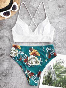 OFF ZAFUL Maillot De Bain Bikini Fleuri Croisé à Taille Haute Dans Vert Profond