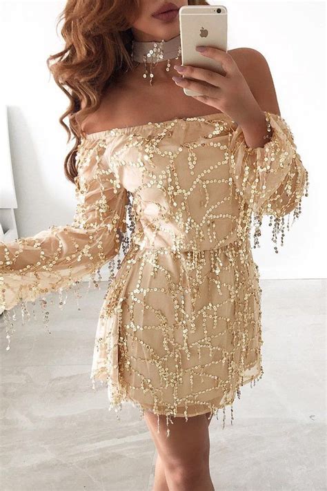 Sequins Off Shoulder Long Sleeves Short Dress Beige Cocktail Dresses