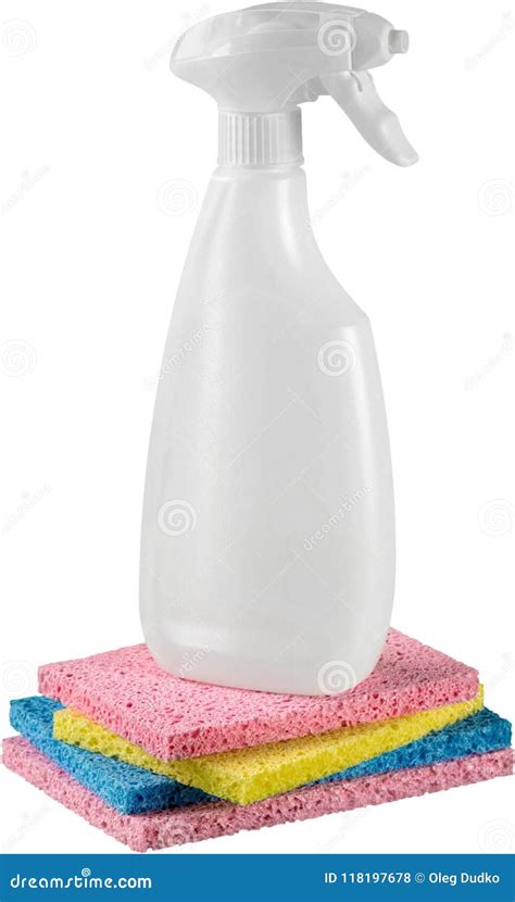 Spray Bottle On Colorful Sponges Isolated Stock Photo Image Of