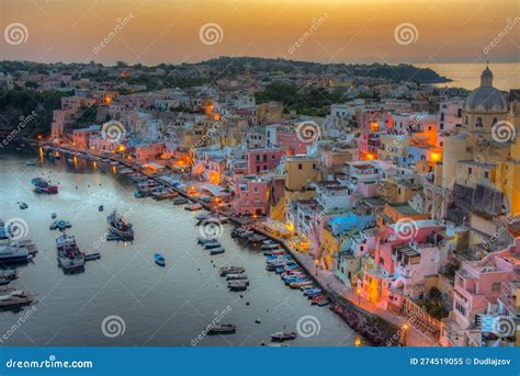 Sunset View Of Marina Di Corricella At Italian Island Procida Editorial