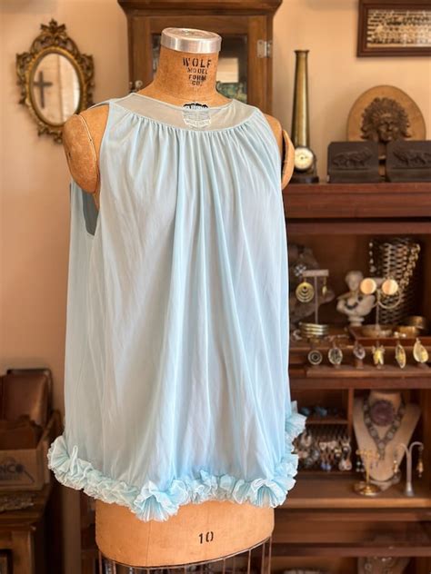 Vintage Lingerie Baby Blue Chiffon Doll Nightie Ruffl Gem