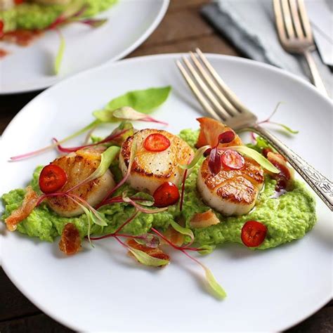 Seared Scallops With Crispy Pancetta Minty Pea Puree And Chili Lime Butter Recipe The Feedfeed