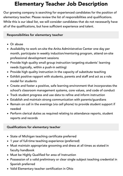 Elementary Teacher Job Description Velvet Jobs