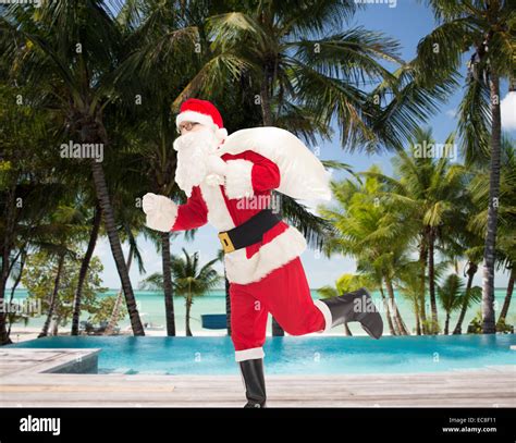 Man In Costume Of Santa Claus With Bag Stock Photo Alamy