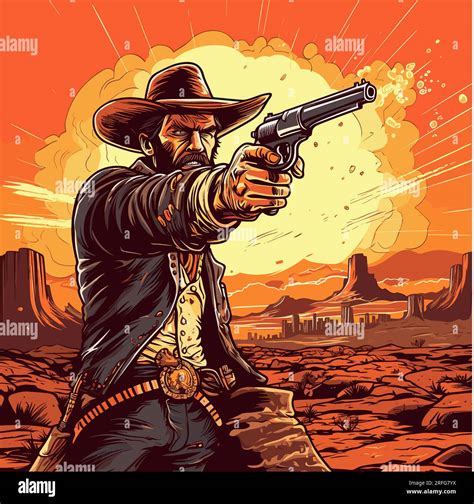 Shooting Cowboy Hand Drawn Comic Illustration Cowboy With A Gun