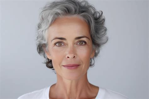 Retrato De Mujer Europea Alegre De Mediana Edad Con Cabello Gris Corto