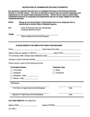 Fillable Online Dbm Maryland Health Benefits Notice Of Termination Form