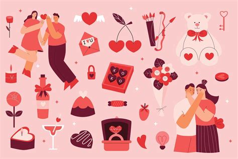 Vector Flat Valentines Day Set With Various Romantic Elements And Character 37211517 Vector Art